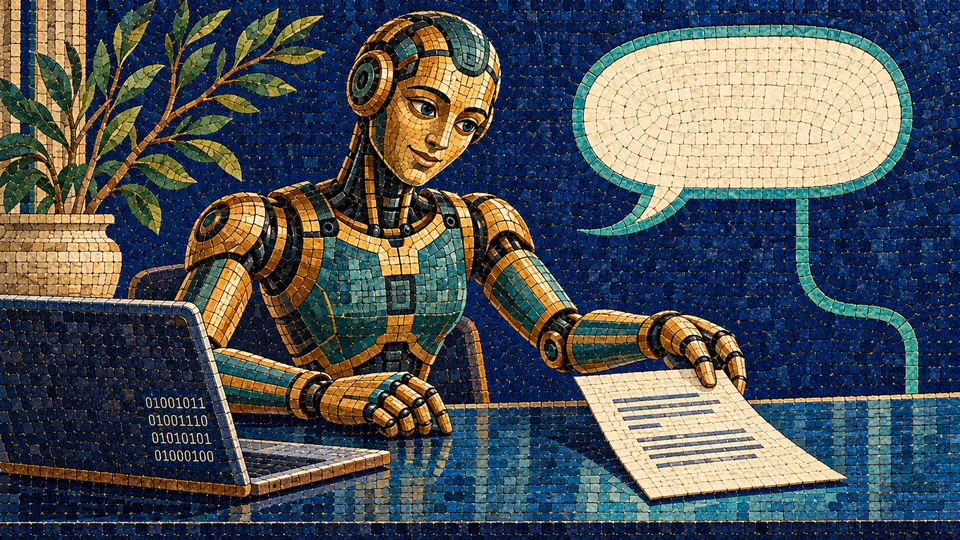 From chatting to doing with AI, ancient mosaic of a robot turning conversation into a completed document