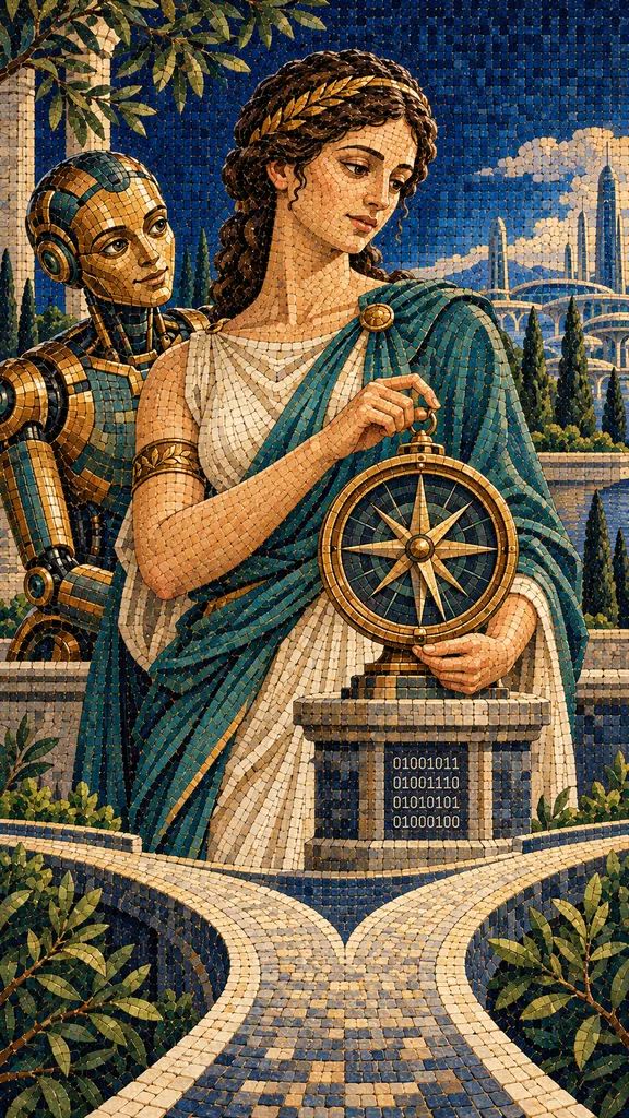 AI consulting, ancient mosaic of a goddess of intelligence holding a compass above branching paths beside a robot assistant