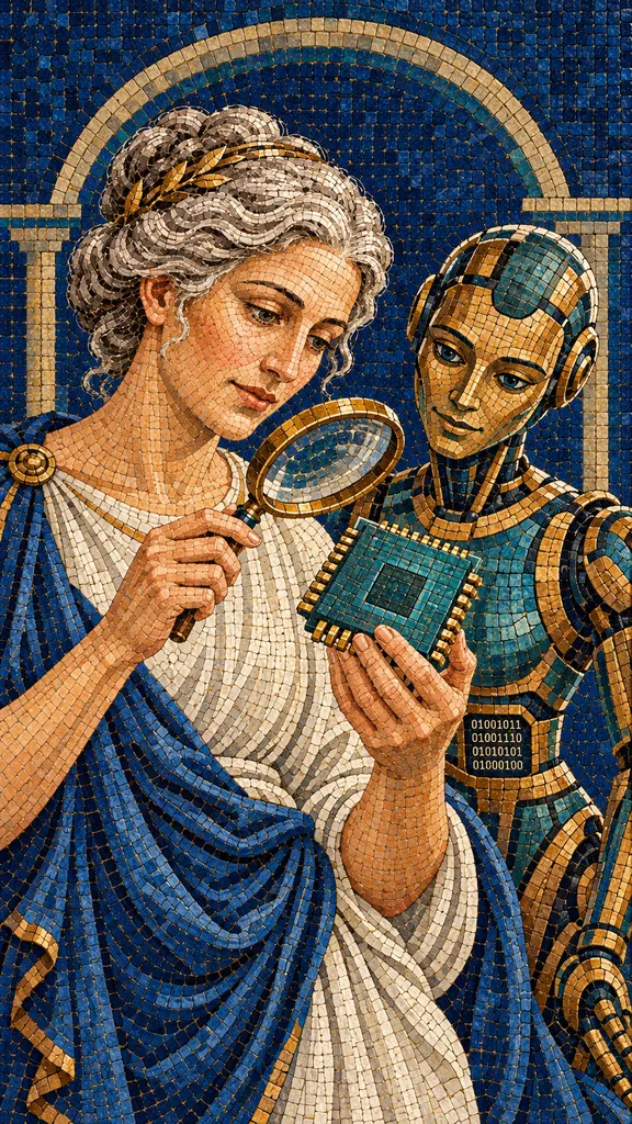 AI resources and model comparison, ancient mosaic of a goddess examining a microchip with a lens beside a robot
