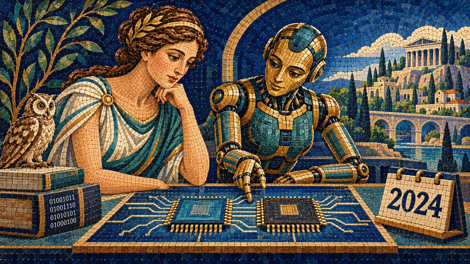 Best AI models and tools in 2024, ancient mosaic of a goddess and robot comparing two microchips beside a calendar marked 2024