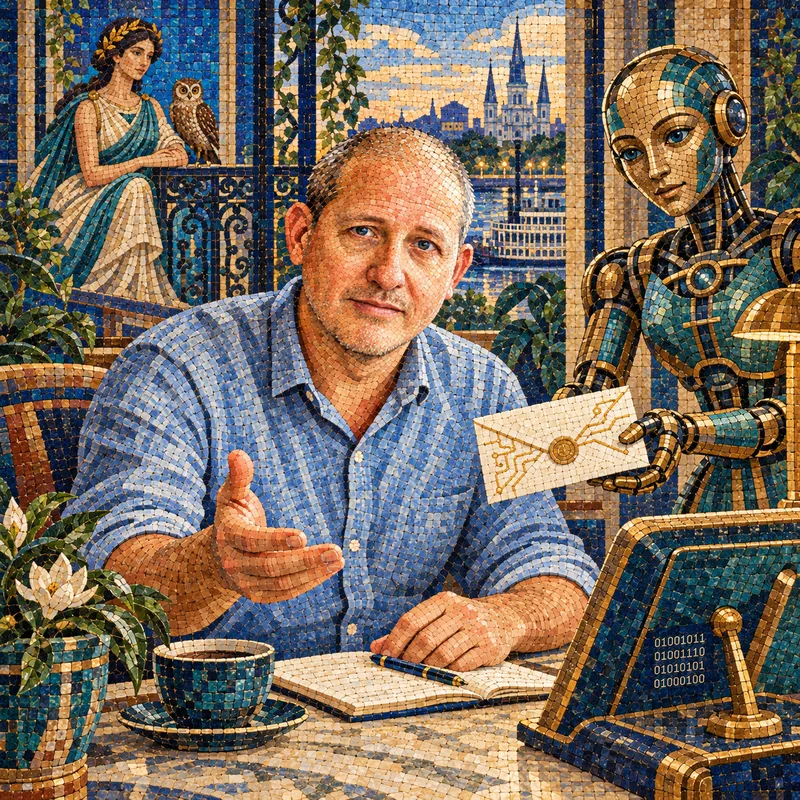 Contact Knud Berthelsen for AI speaking, workshops and consulting, mosaic of him welcoming a conversation beside a robot holding an envelope, with New Orleans and a goddess in the background