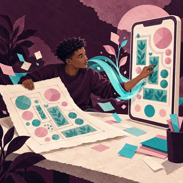 Paper collage of a student holding an app sketch while pointing at the same design on a large phone