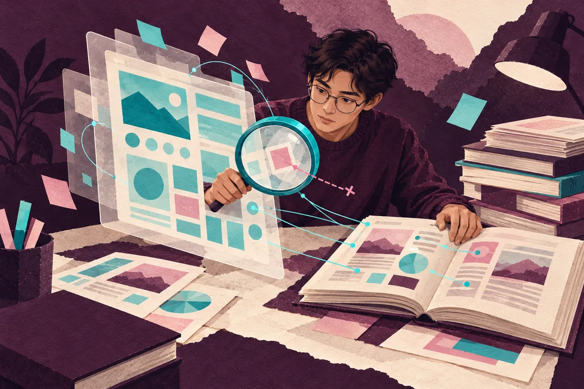 Checking AI output, paper collage of a student holding a magnifying glass to a generated page while comparing it with an open book