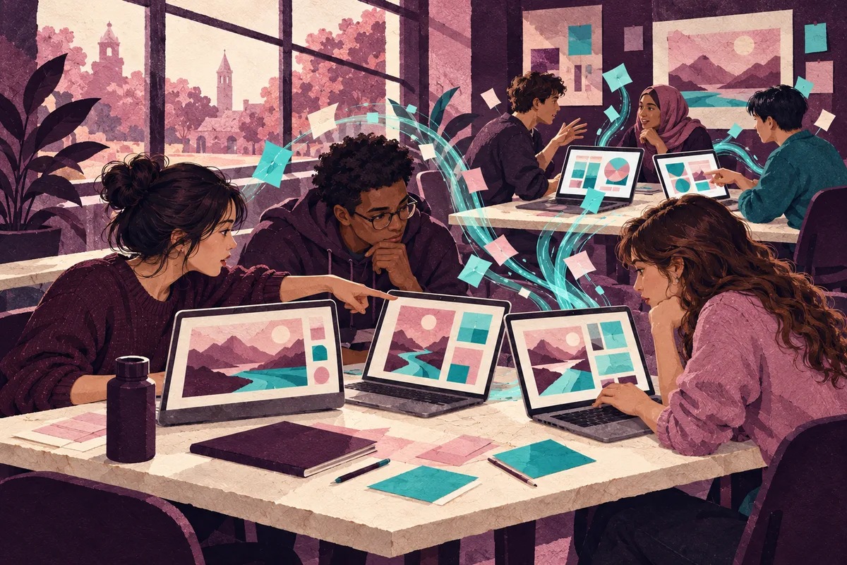 Hands-on AI class at Tulane, paper collage of students at tables with laptops open, comparing results from different AI tools