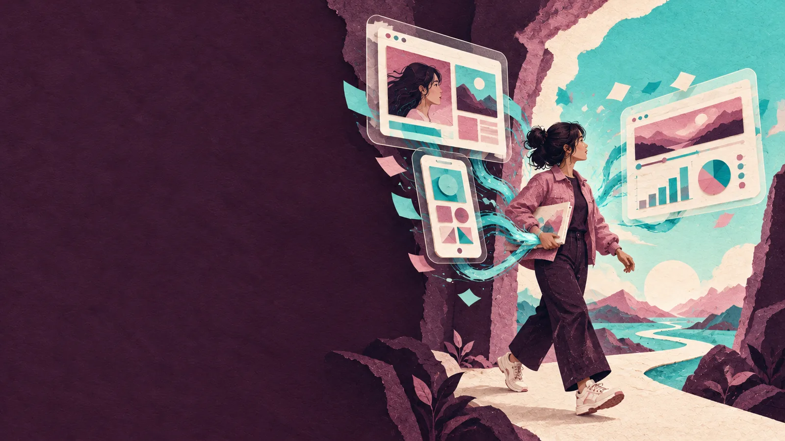 Paper collage of a student walking out onto a bright path with the website, app and charts she built floating beside her