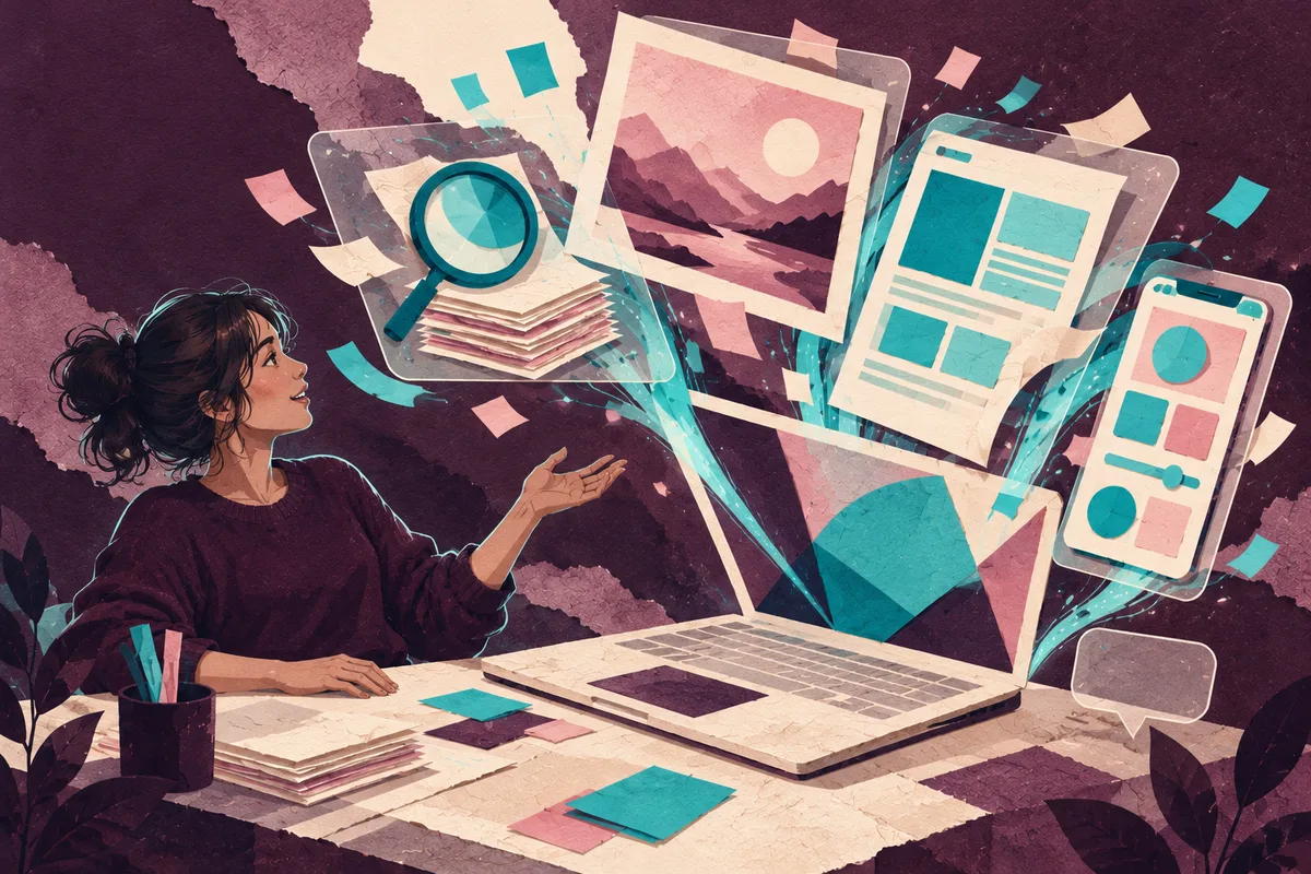 Artificial Intelligence Tools course, paper collage of a delighted student as her laptop opens into search, images, web pages and a phone app