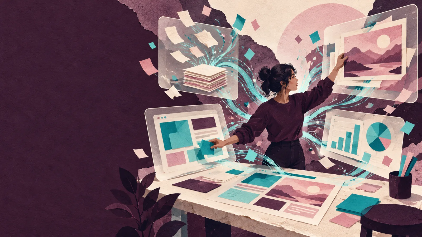 DATA 2150 Artificial Intelligence Tools at Tulane, paper collage of a student at a worktable directing floating panels that gather documents, make images, lay out a web page and build charts