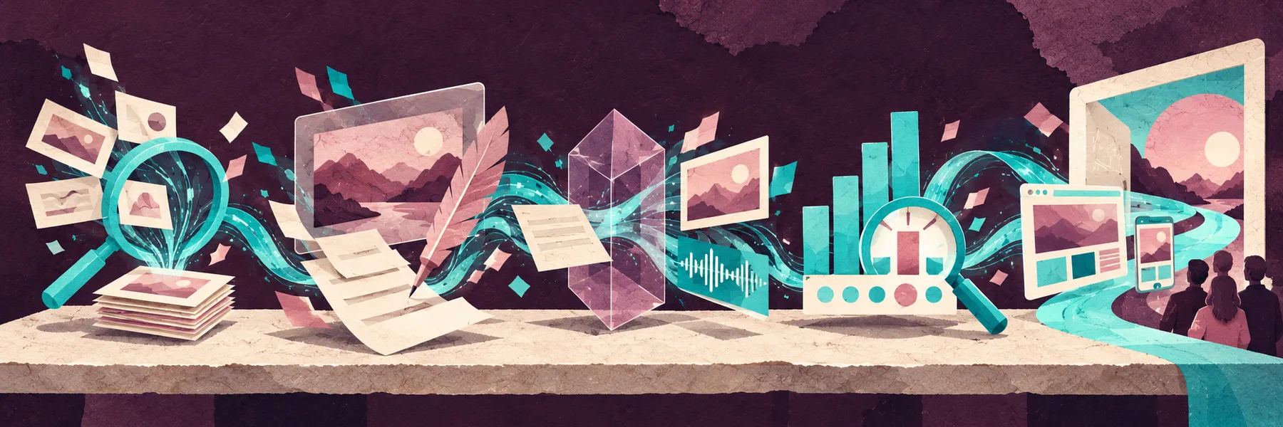 Five AI skills, paper collage of a long table with five stations: a magnifier gathering images, a quill writing, a prism transforming a page, rising bar charts, and a web page flowing out through a door to an audience