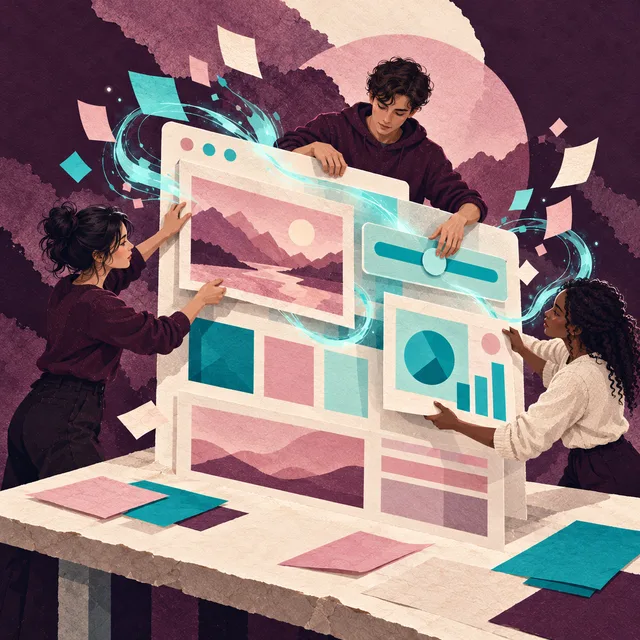 Paper collage of three students assembling the panels of an interactive website together