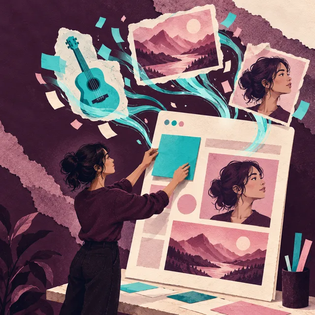 Paper collage of a student pinning photos and pieces of her interests onto a large web page