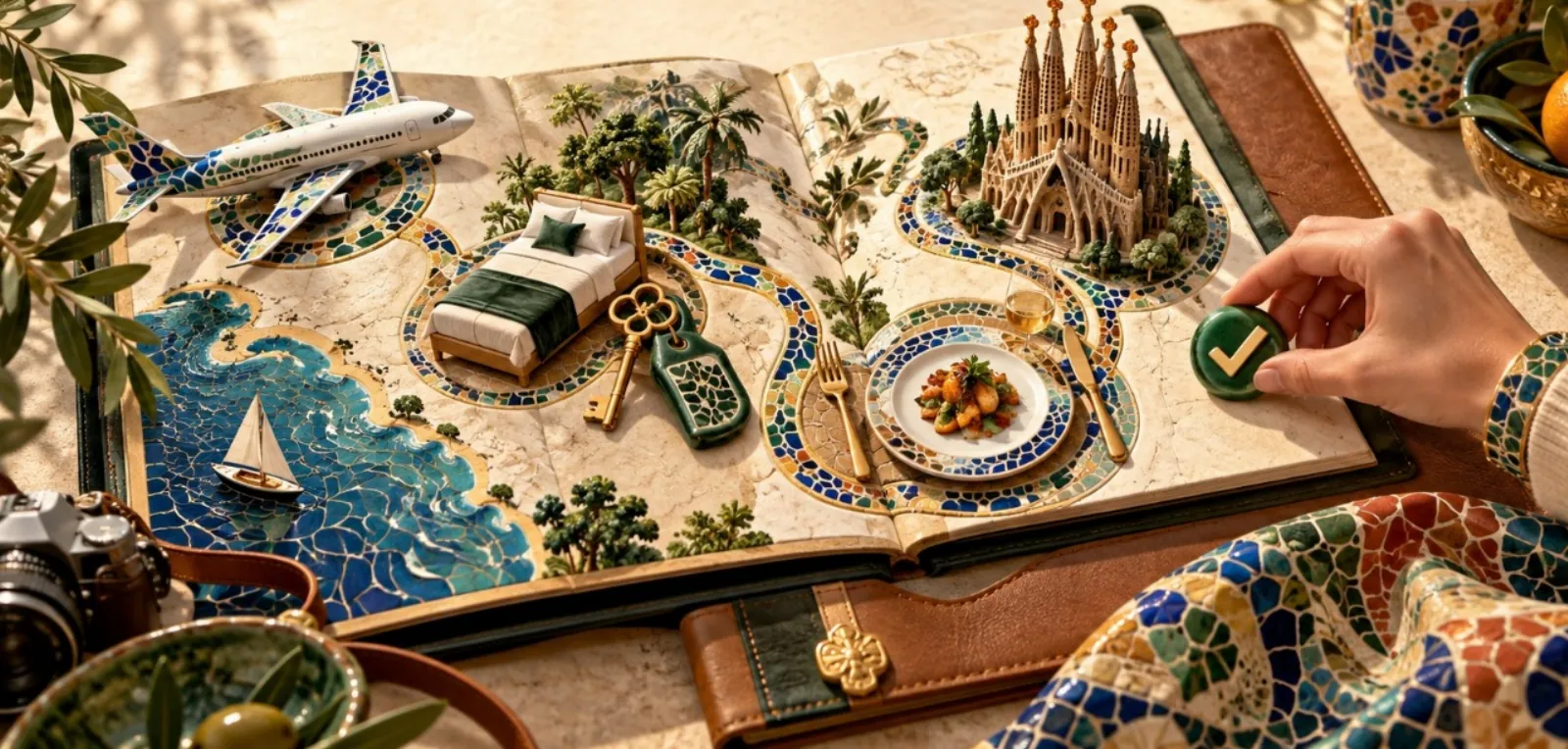 An open mosaic travel book showing a plane, a hotel bed, a key, a plated meal, and the Sagrada Família on a winding route