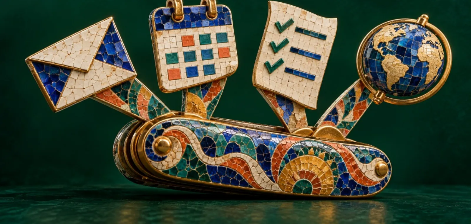 A mosaic pocket knife whose tools are an envelope, a calendar, a checklist, and a globe