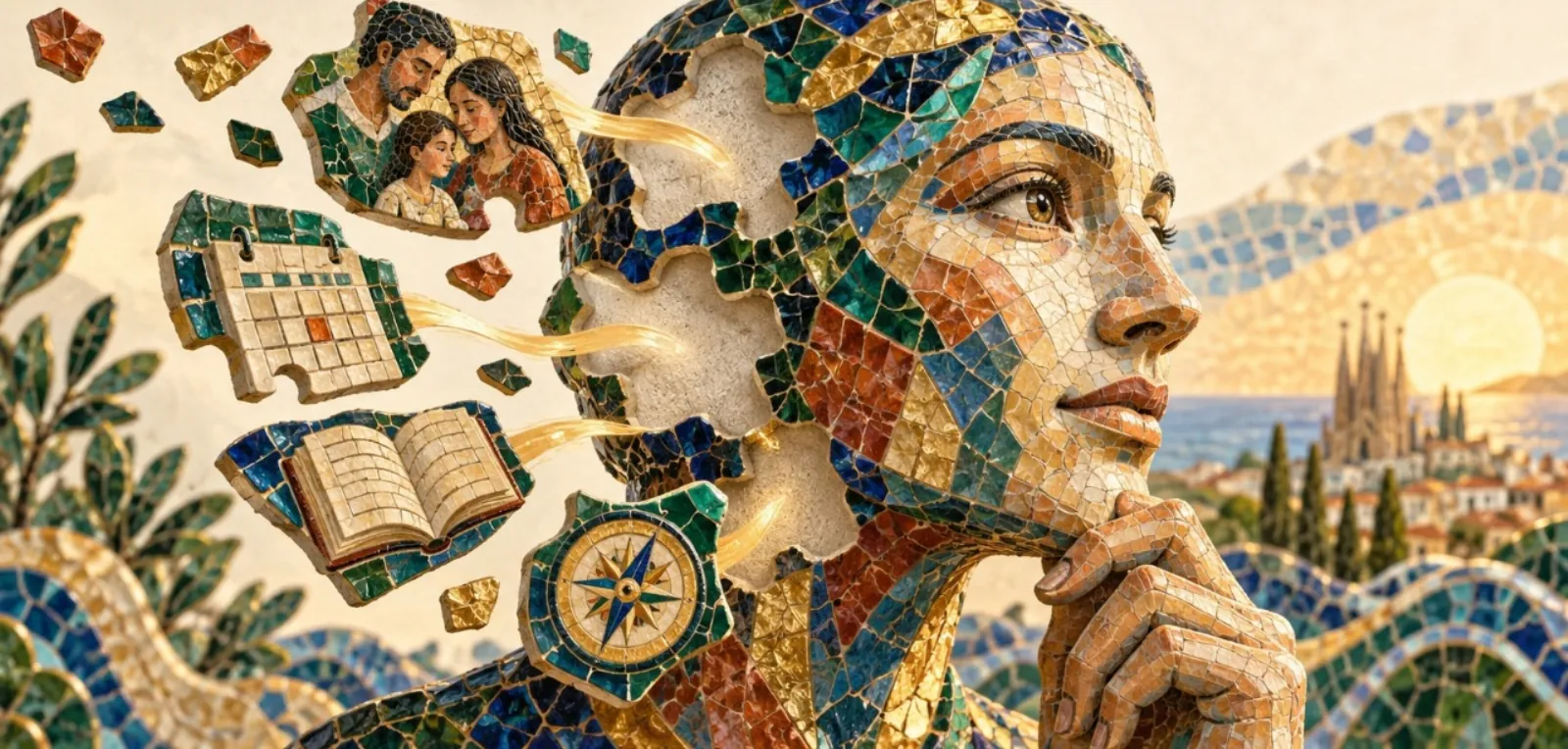 Context engineering with AI - mosaic portrait of a thoughtful woman whose head is filled in with puzzle pieces showing a family photo, a calendar, a book, and a compass