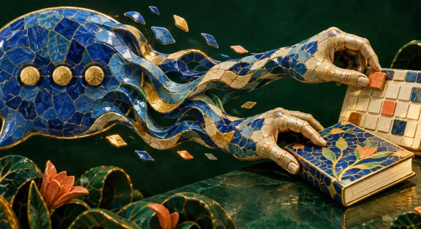 From chatting to doing with AI agents, by Knud Berthelsen - a blue mosaic speech bubble stretches into a pair of mosaic hands arranging a calendar and a book