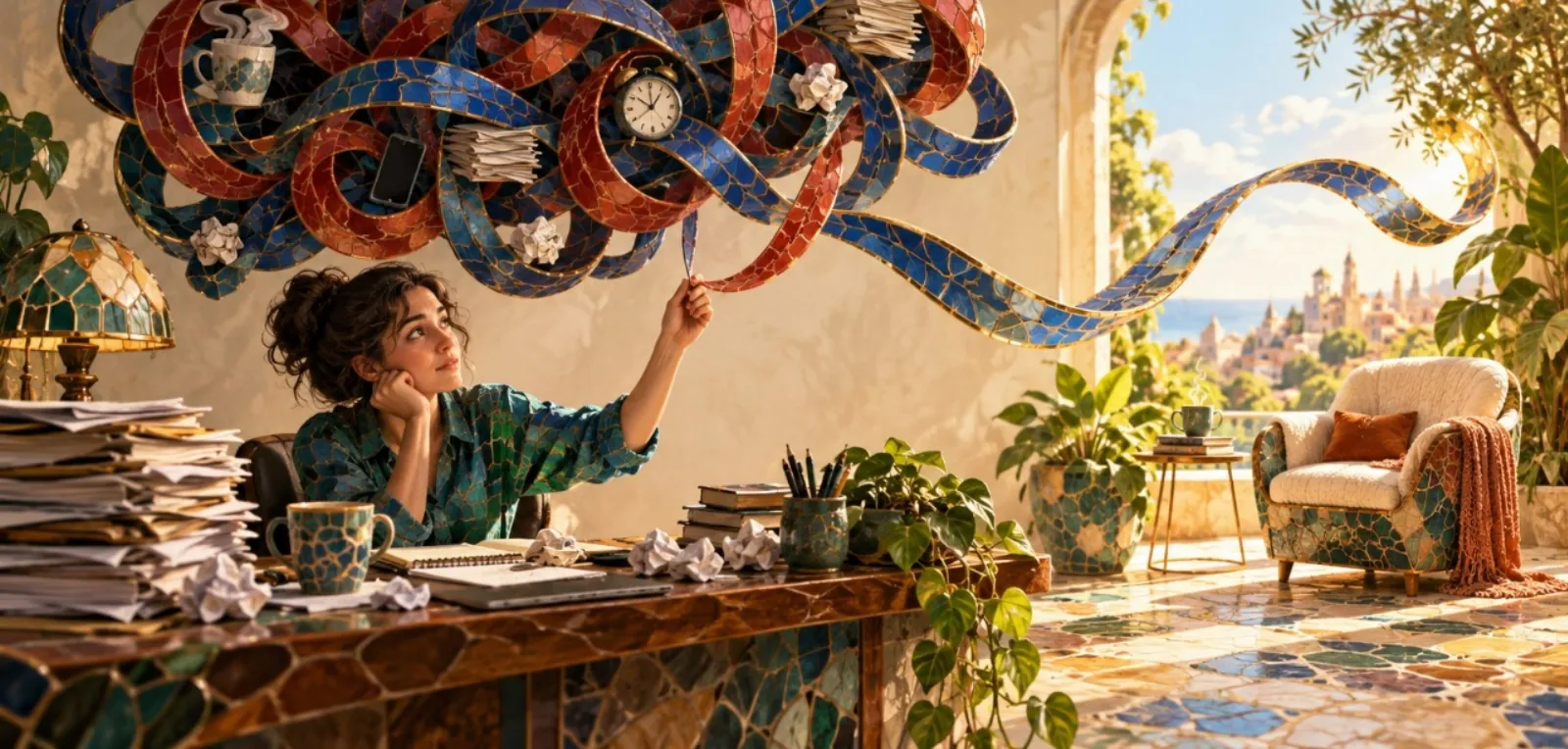 A woman at a cluttered desk pulls one mosaic ribbon out of a tangle overhead, toward an open window and a calm reading chair