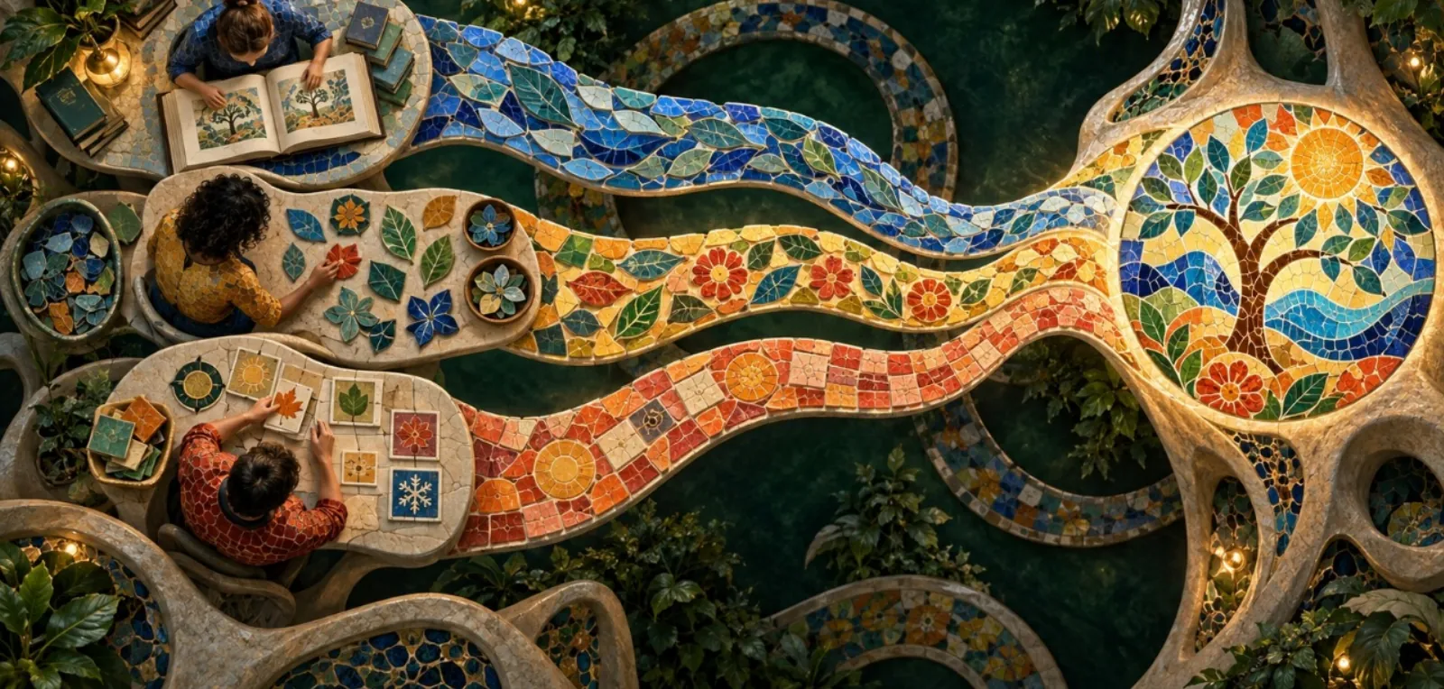 Three people at separate mosaic tables work on different pieces that flow together into one mosaic tree of life