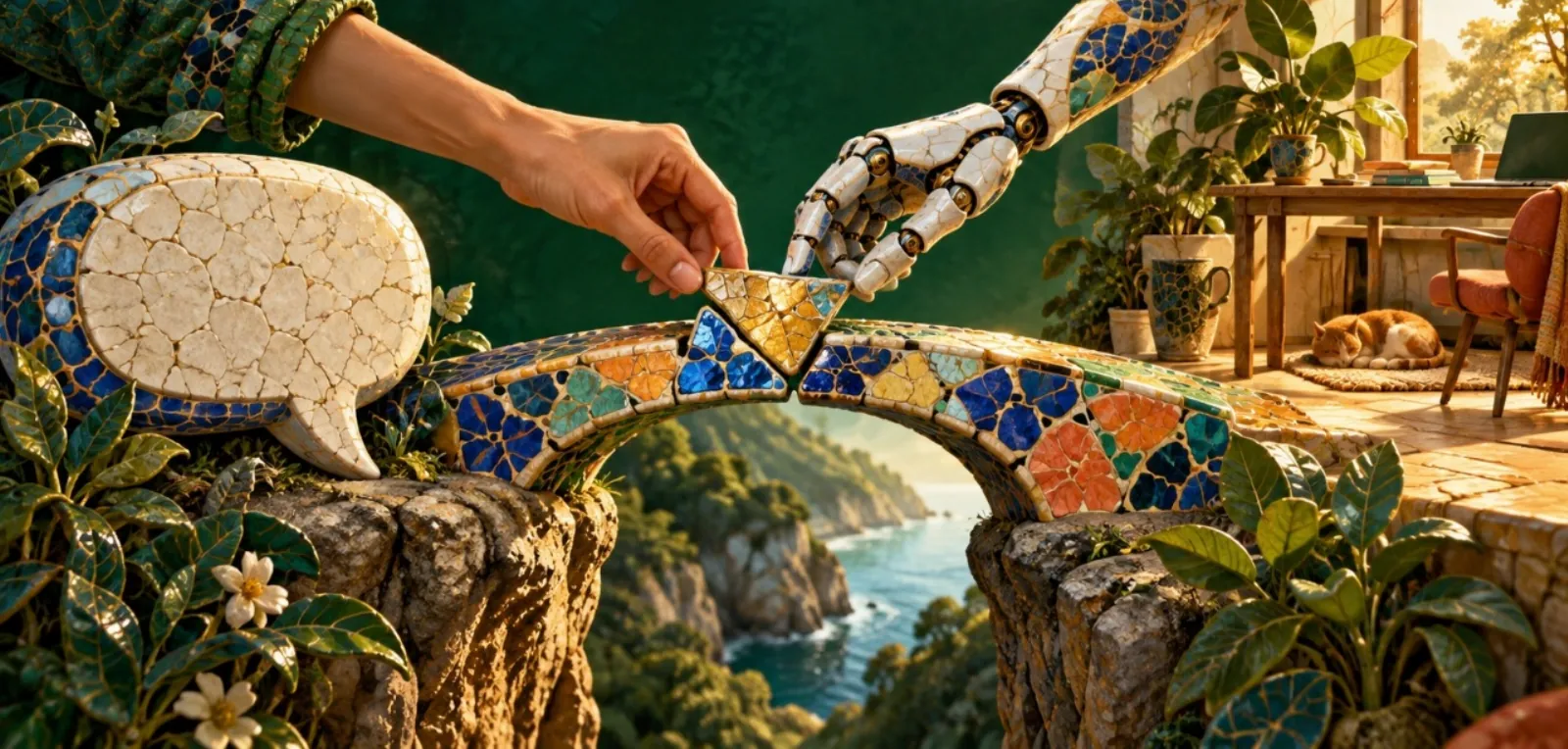 A human hand and a mosaic robot hand place the final tile in a mosaic bridge between a speech bubble and a sunny home office