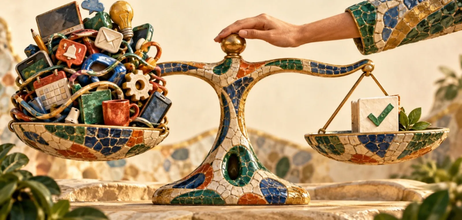 A mosaic balance scale with a heap of devices, gears, and envelopes on one side and a single checked box on the other