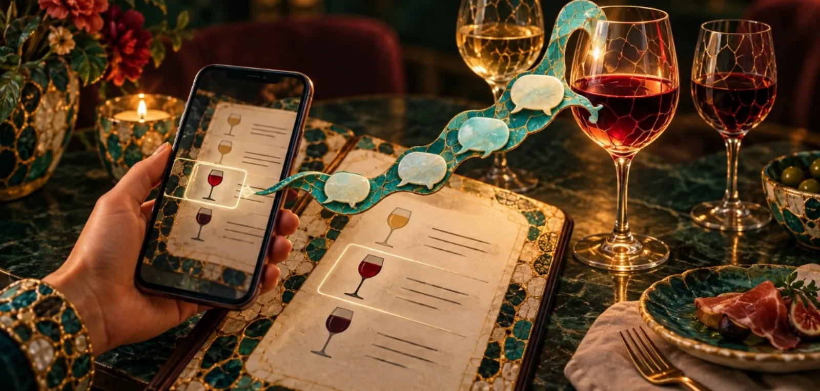 A hand holding a phone over a restaurant wine list, with a mosaic ribbon of chat bubbles linking the phone to glasses of wine