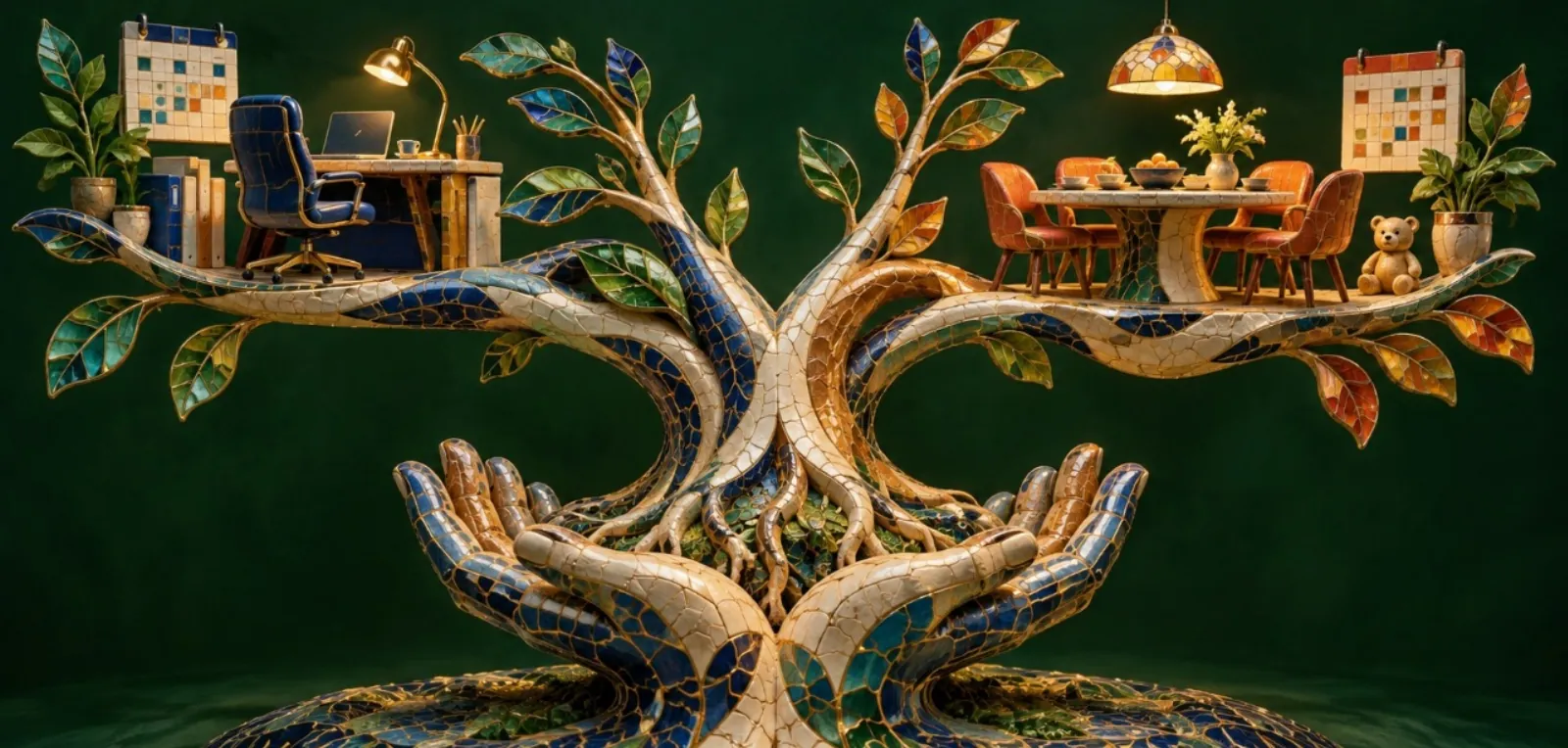 A mosaic tree held up by two hands, with a home office on one branch and a family dining table on the other