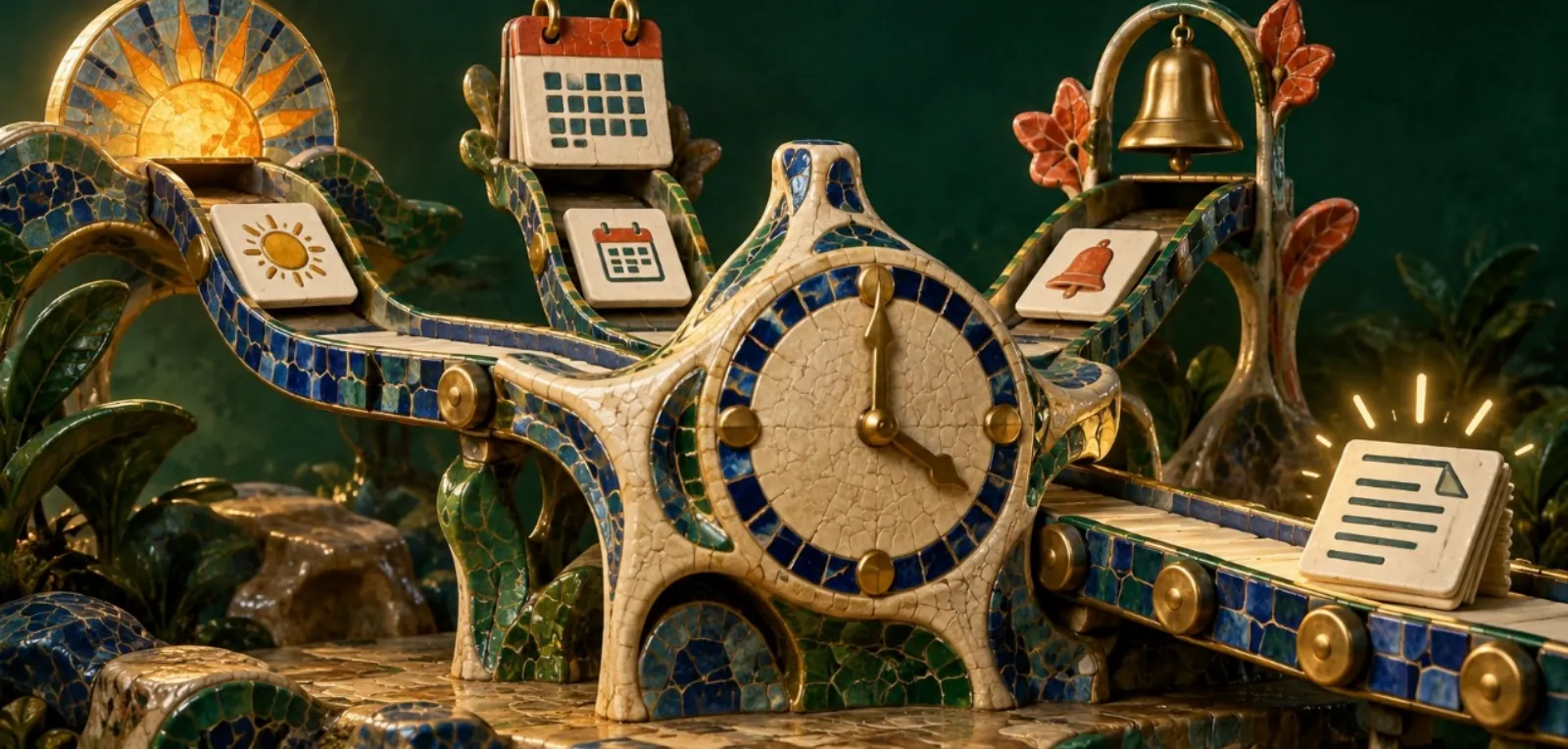 A mosaic machine with a sun, a calendar, a bell, and a clock feeding tasks along a conveyor