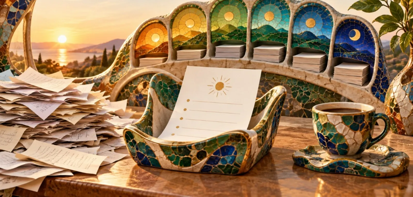 A mosaic desk organizer with arched compartments running from sunrise to moon, a single briefing page, and a cup of coffee