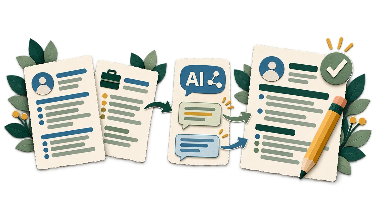 An AI assistant suggests changes based on a resume and job listing, with a pencil representing human editing and approval.