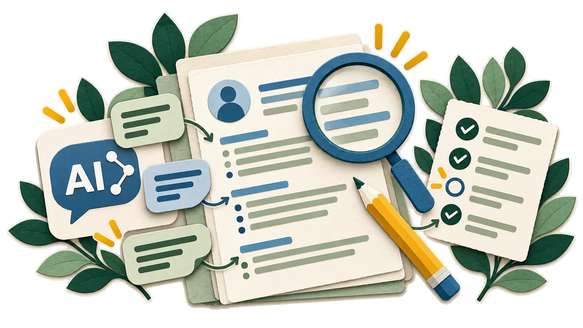 An AI assistant critiques an application with comments, a magnifying glass and a review checklist.