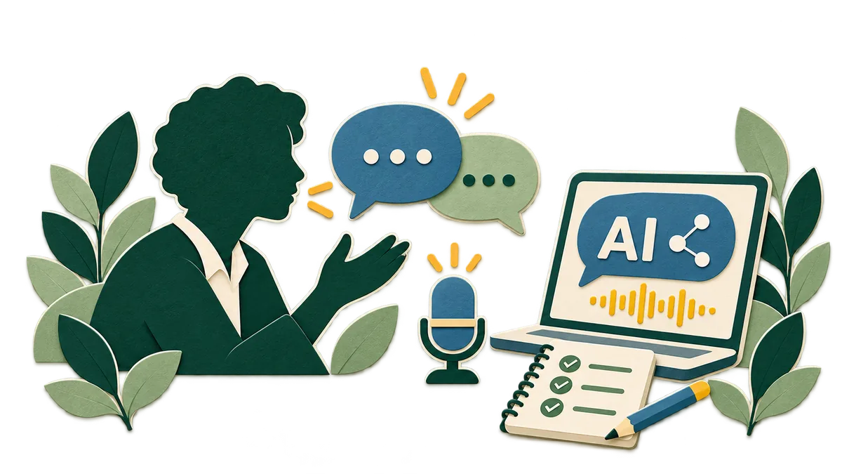 A person rehearses an interview with an AI assistant, using voice practice and a feedback checklist.