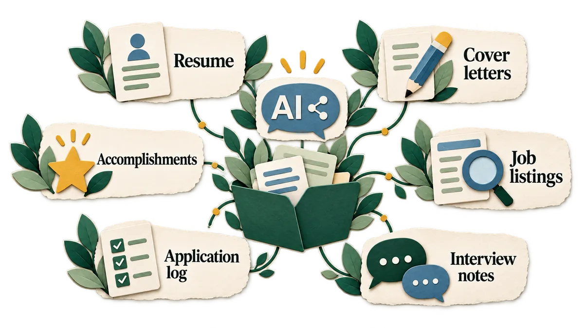 A job-search folder connects an AI assistant to resumes, cover letters, accomplishments, job listings, an application log and interview notes.