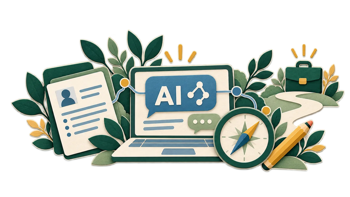 An AI assistant on a laptop connects a resume, compass and editing pencil with the path toward a job.