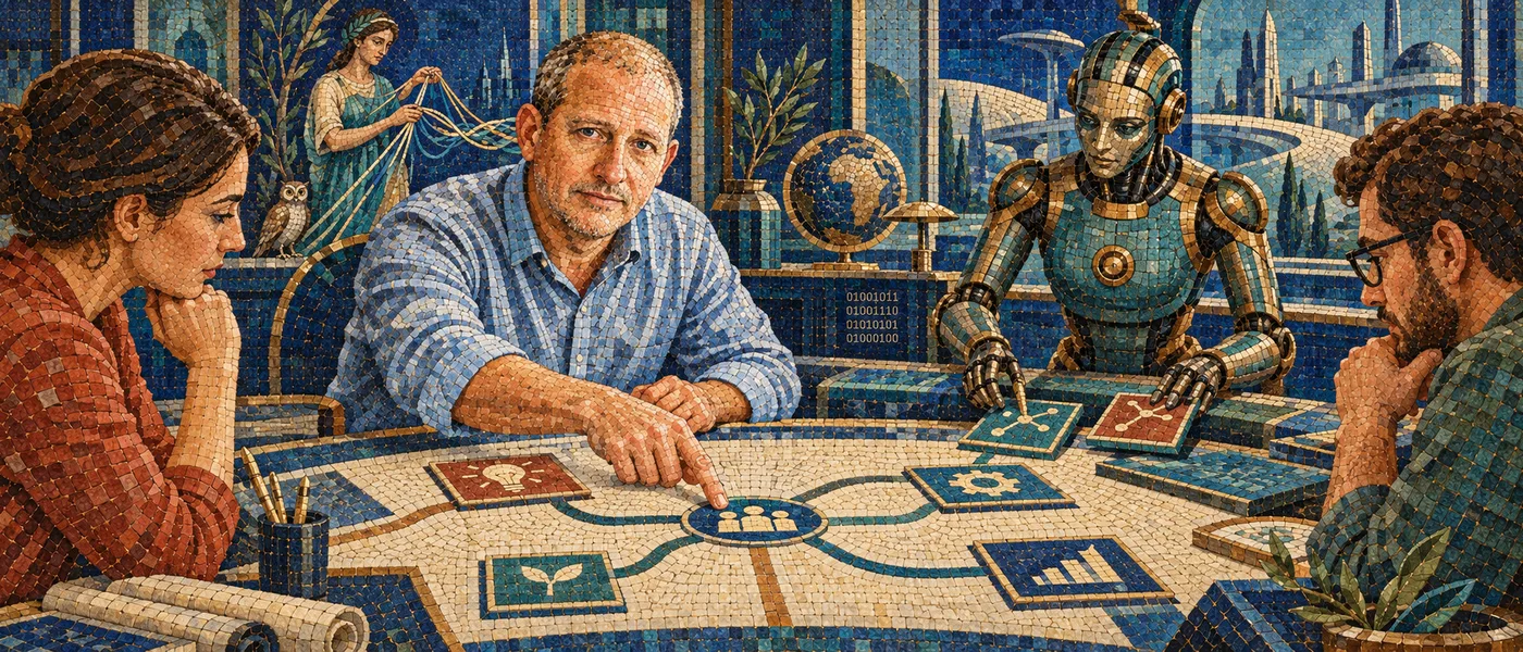 AI consulting services by Knud Berthelsen, mosaic of him advising two people at a strategy table with a robot assistant and a goddess of intelligence in the background