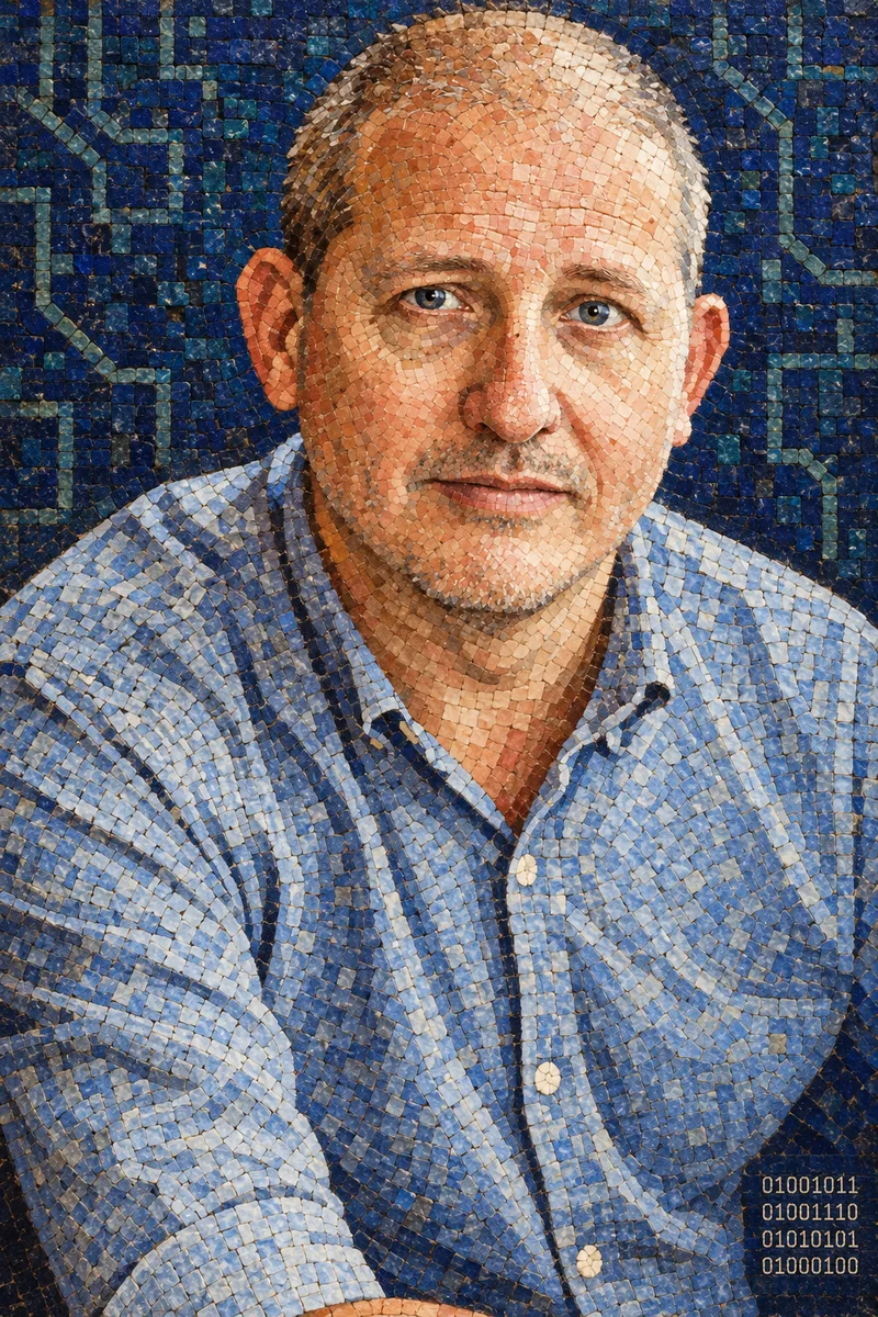 Knud Berthelsen, ancient mosaic portrait of the New Orleans AI expert and Tulane AI literacy professor