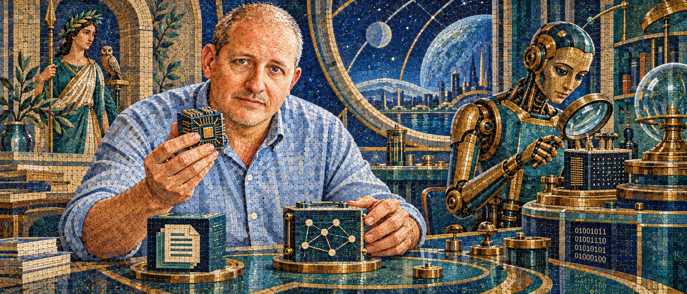 AI models and tools with Knud Berthelsen, mosaic of him examining a chip with a robot assistant in a futuristic instrument room, with a goddess of intelligence in the background