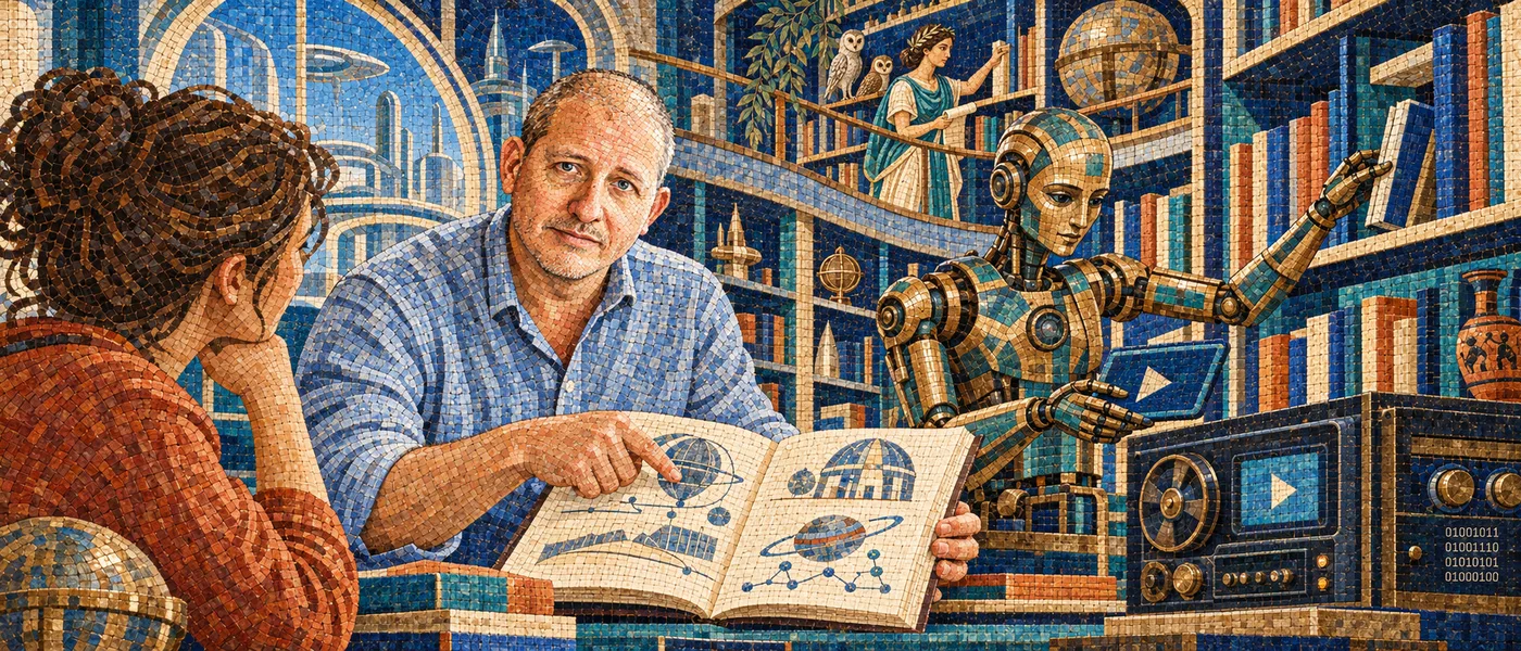 Applied AI learning with Knud Berthelsen, mosaic of him exploring a book with a reader and a robot assistant in a futuristic library, with a goddess of intelligence above