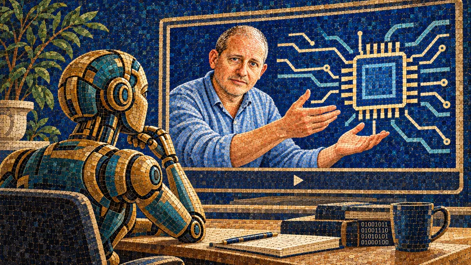 Applied AI Literacy video course, ancient mosaic of Knud Berthelsen teaching about a chip on screen while a robot watches