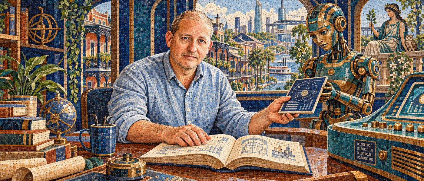 New Orleans AI expert Knud Berthelsen, mosaic of him working with a robot assistant in a study overlooking the city, with a goddess of intelligence in the background