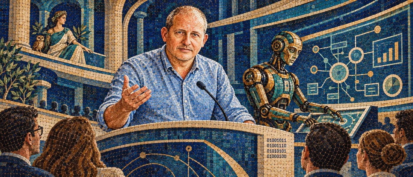 New Orleans AI speaker Knud Berthelsen, mosaic of him presenting to an audience with a robot assistant at the console and a goddess of intelligence overlooking the auditorium