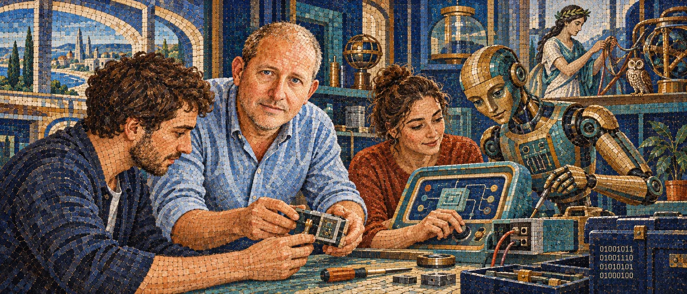 New Orleans AI workshops with Knud Berthelsen, mosaic of him guiding participants at an electronics bench with a robot assistant and a goddess of intelligence in the background