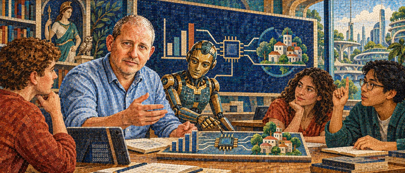 Tulane AI teaching with Knud Berthelsen, mosaic of him discussing data, AI and society with students and a robot assistant, watched over by a goddess of intelligence