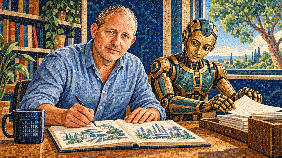 Working with AI, ancient mosaic of Knud Berthelsen developing ideas while a robot sorts routine documents