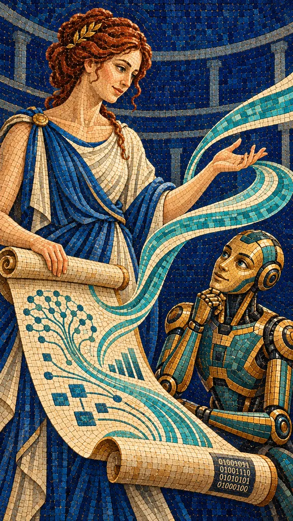 New Orleans AI speaking, ancient mosaic of a goddess sharing ideas from a scroll with an attentive robot