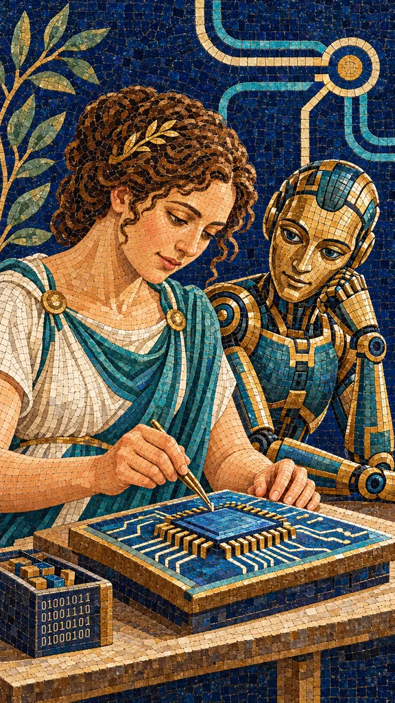 New Orleans AI workshops, ancient mosaic of a goddess crafting a microchip while a robot watches