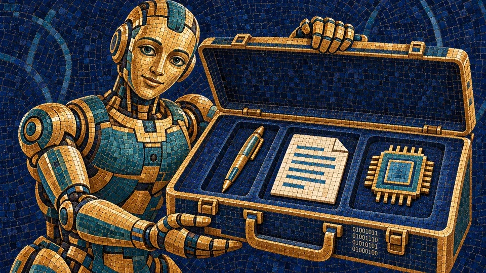 Practical uses of AI, ancient mosaic of a robot opening a case containing a stylus, document and microchip
