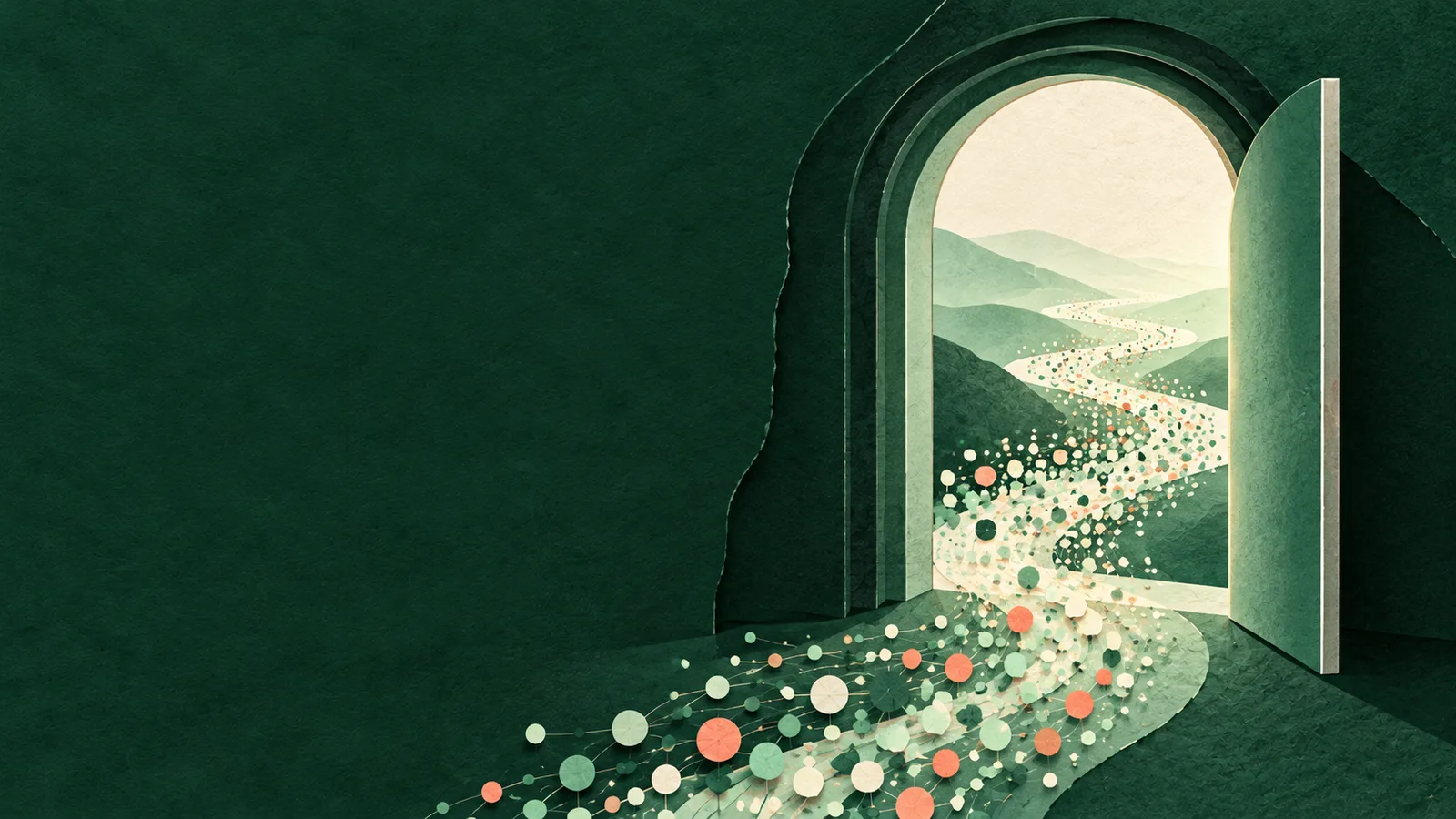 An open paper door in a dark green wall, with a river of data dots flowing out of a bright valley beyond