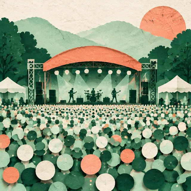 Paper collage of a crowd in front of an outdoor concert stage