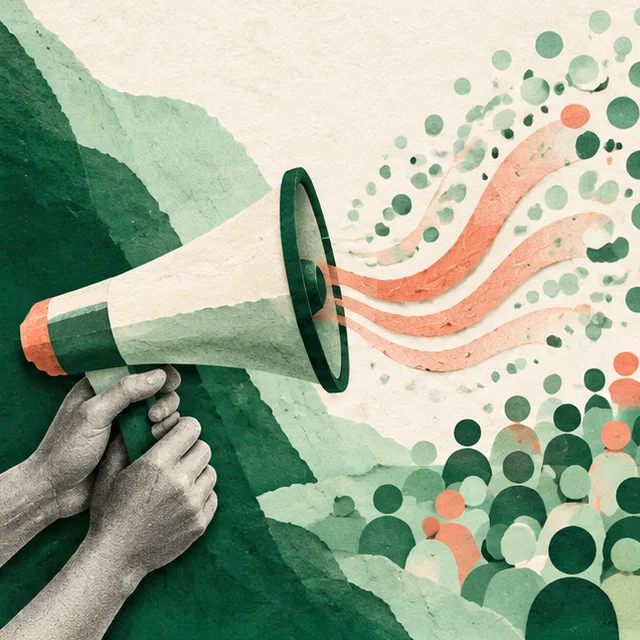 Paper collage of hands holding a megaphone that sends a message out to a crowd