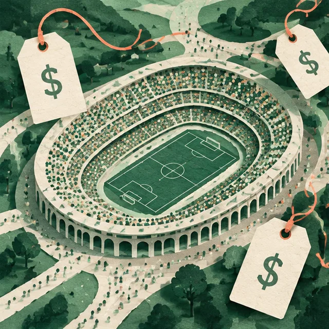 Paper collage of a stadium seen from above with price tags floating around it
