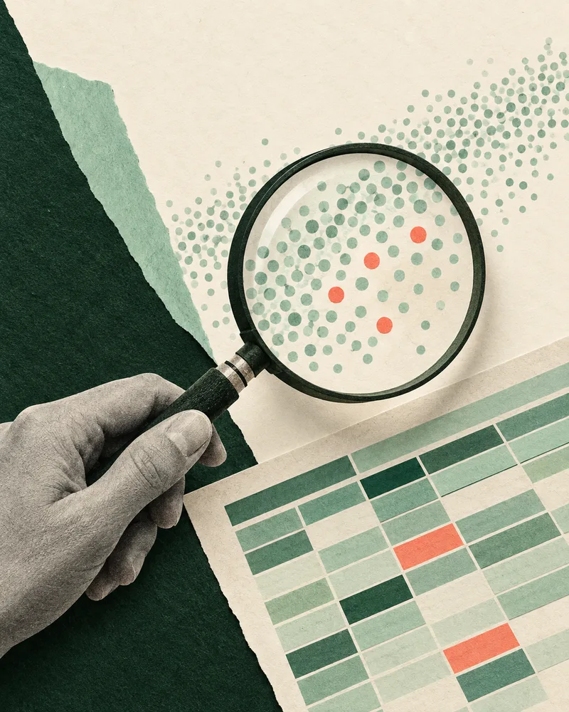 Applied data analysis, paper collage of a hand holding a magnifying glass over scattered data points and a spreadsheet with a few cells highlighted