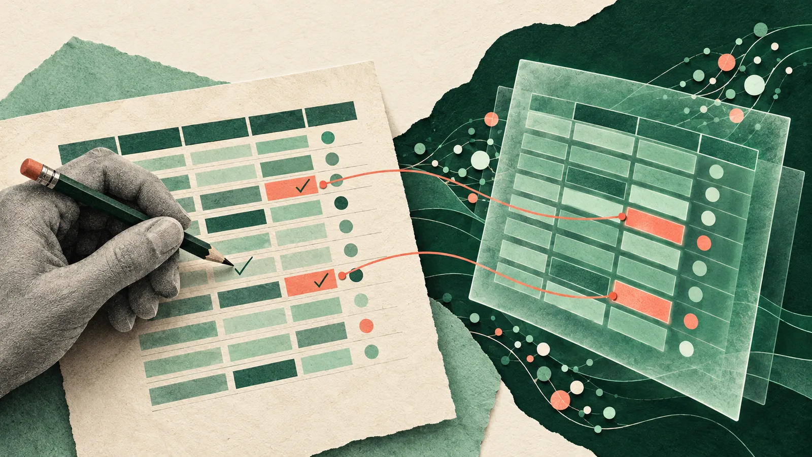 Analysis with and without AI, paper collage of a hand checking a spreadsheet with a pencil, linked by coral threads to the same table on an AI screen